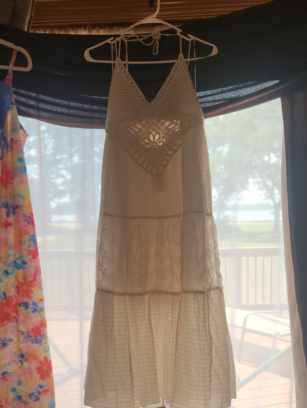 NWT Cream Crochet Tiered Maxi Halter Dress Size Large Lined